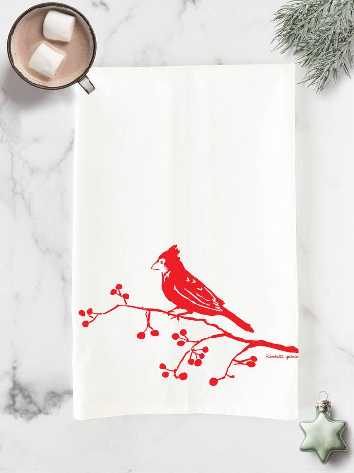 Cardeal com Bagas | Pano de Cozinha de Algodão | Coleção de Inverno por atacado de Kimball Prints