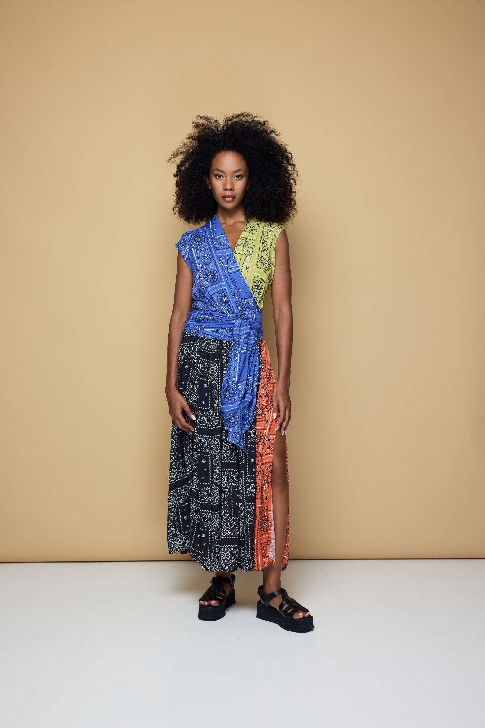 State of Georgia - Wholesale Dress - Women's - THE POINT DRESS MAXI - PATCHWORK BANDANA BLUE/LIME/BLACK/ORG2