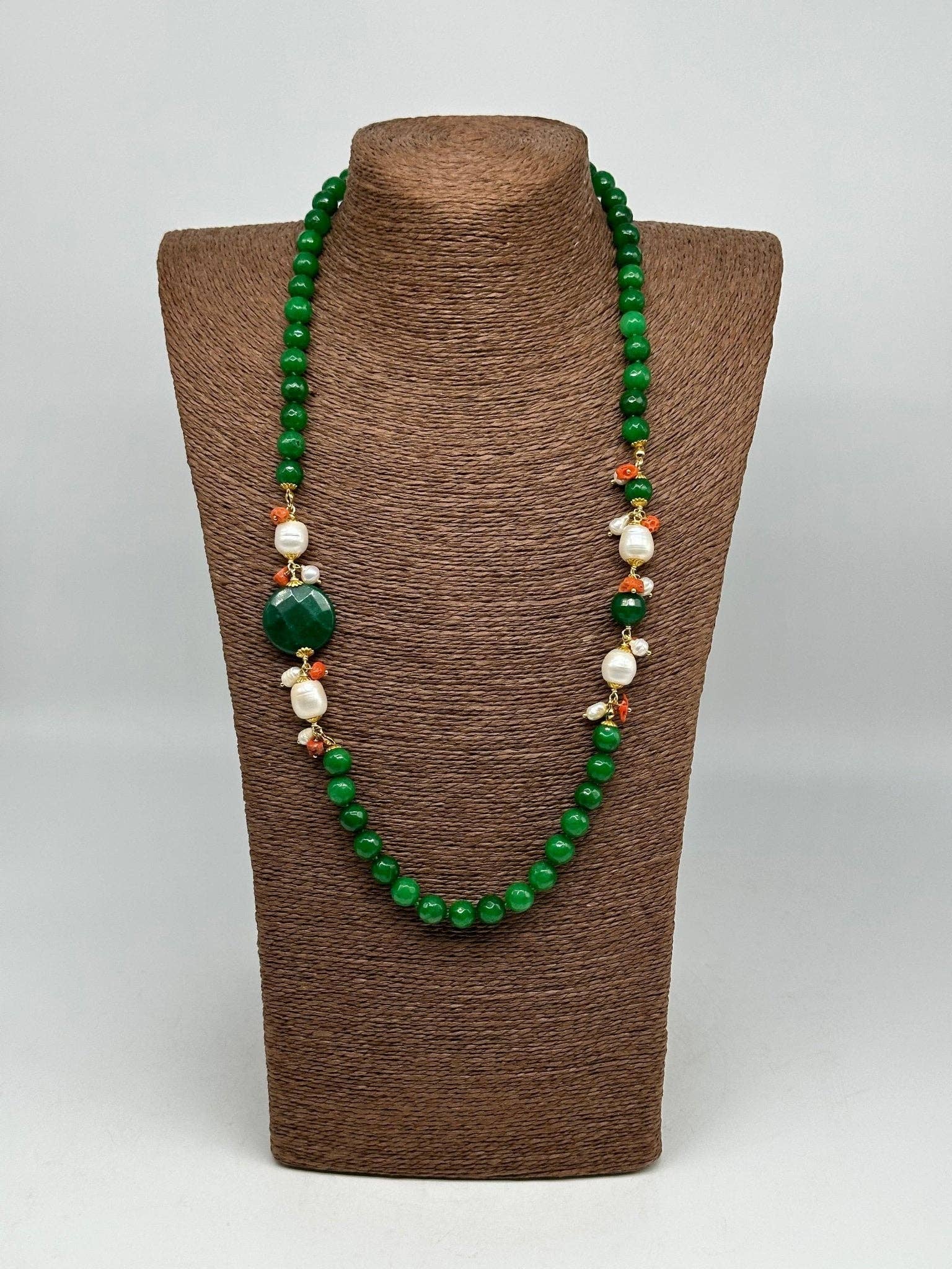 DD Ceramiche Siciliane - Wholesale Beaded/Pearl Necklace - Handcrafted Necklace with Green Stones, Coral and White Pearls V.1