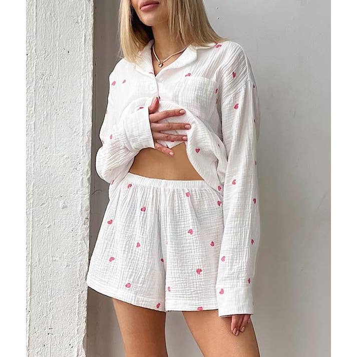Rosa Clothing - Wholesale Lounge Set - Women's - Valentine's Day heart print shorts loungewear set9
