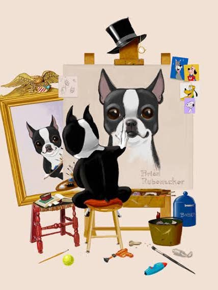 Impresión artística de perro con triple autorretrato de Boston Terrier para venta al por mayor de Brian Rubenacker studios
