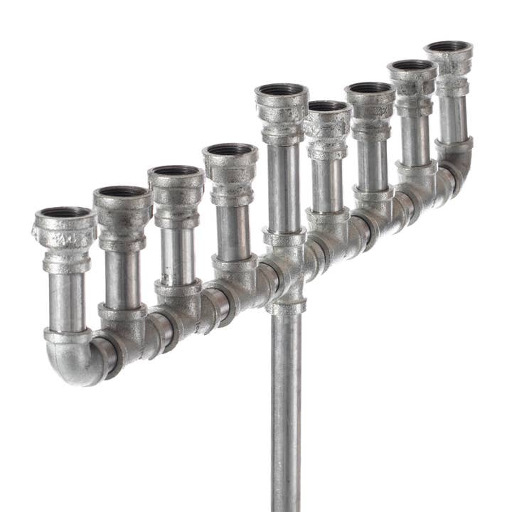 Quickway Imports - Wholesale Menorah - Industrial Galvanized Antique Silver Metal Pipe Hanukkah M7