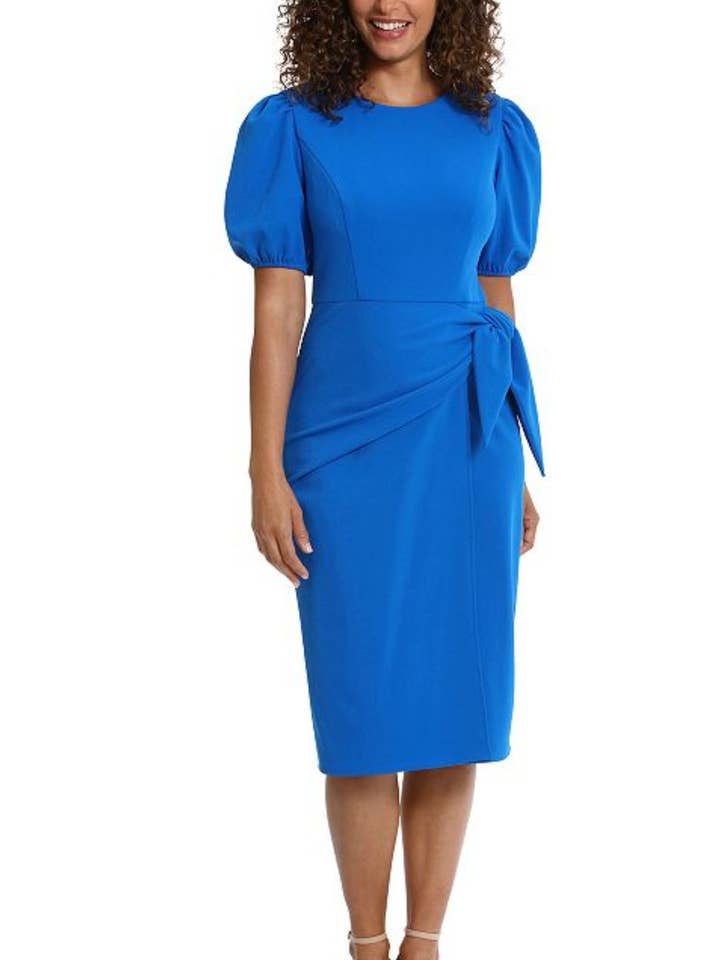 London Times Puff Sleeve Belted Sheath Dress for wholesale by New Yorker's Apparel