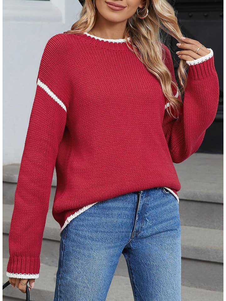 Anna Kaci Wholesale - Wholesale Knit Sweater - Women's - Crew Neck Knit Sweater with Red Trim Detail and Long Sleeves6