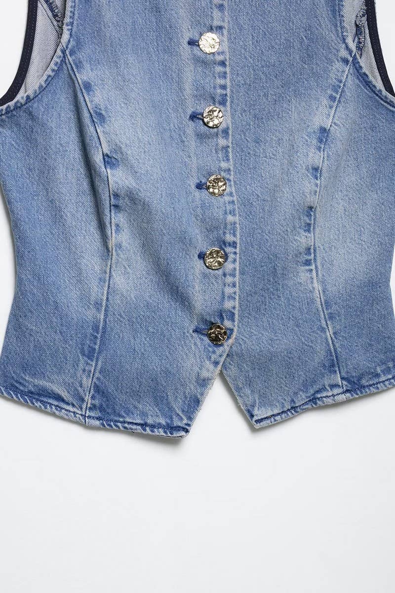 NINEXIS - Wholesale Top & Pant Set (NOT Loungewear) - Women's - CWSBSSL0145_FASHION DENIM VEST + STRAIGHT PANTS SET5