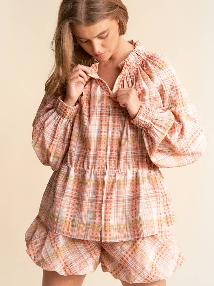 Orange Long Sleeve Plaid Floral Zip Up Shacket for wholesale on Faire