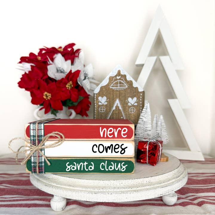 December holiday home decor | Mini Christmas book stack for wholesale by Ruaille Buaille Co