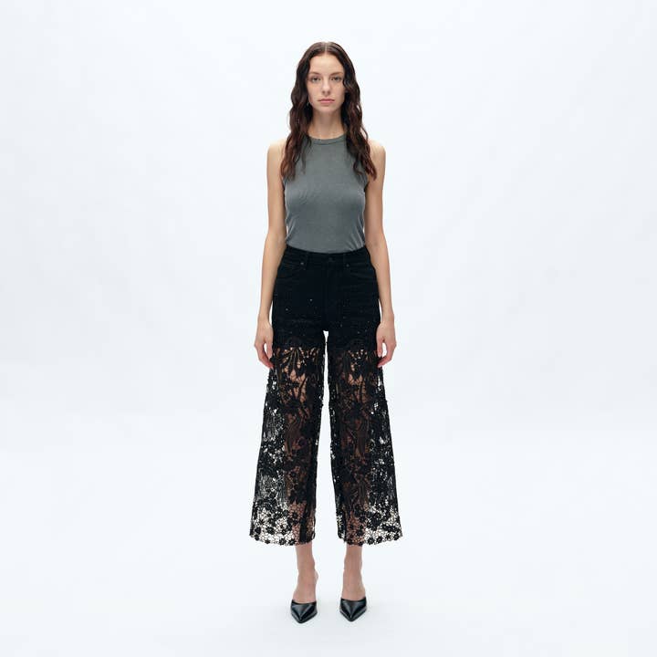 BLACK HIGH RISE WIDE LEG JEANS WITH LACE SPLICED BYW8090 for wholesale on Faire
