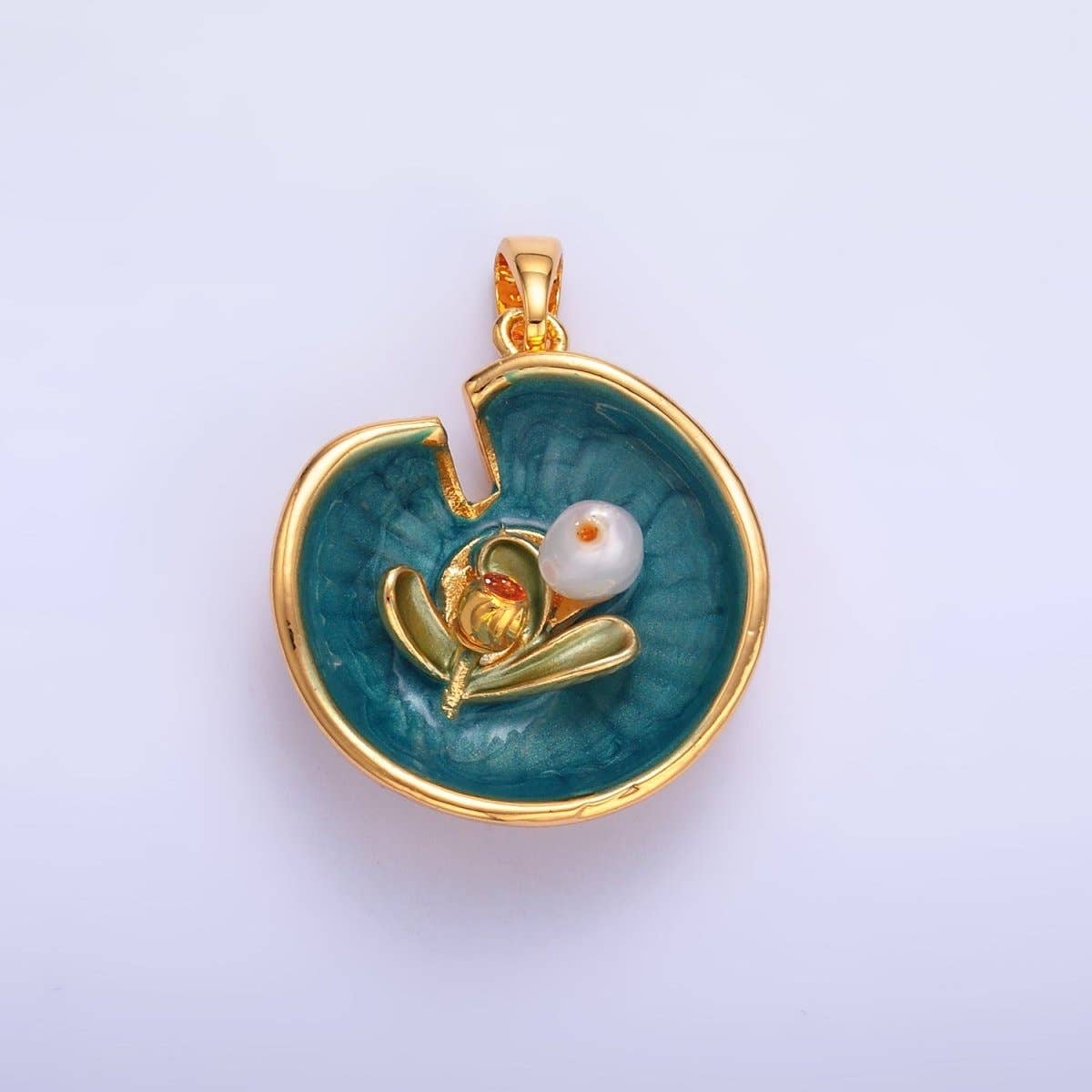 Aim Eternal - Wholesale Individual Charm/Pendant - 24K Gold Filled Water Lily Flower Arrangement Pearl Enamel Charm in Gold & Silver | AA14240