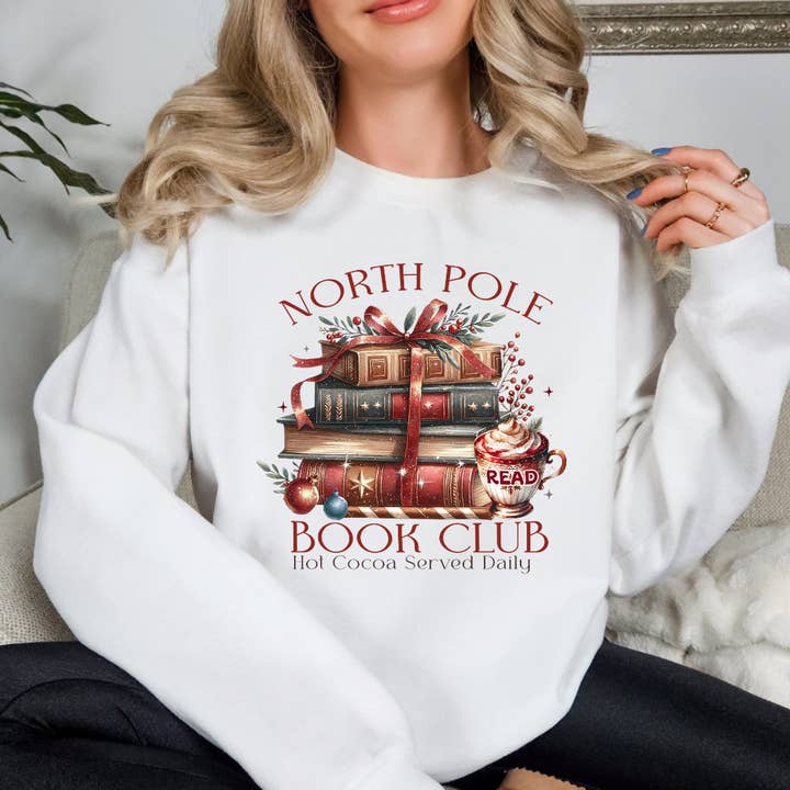 North Pole Book Club Hot Cocoa Christmas Sweatshirt for wholesale by Londas Tees and Tumblers