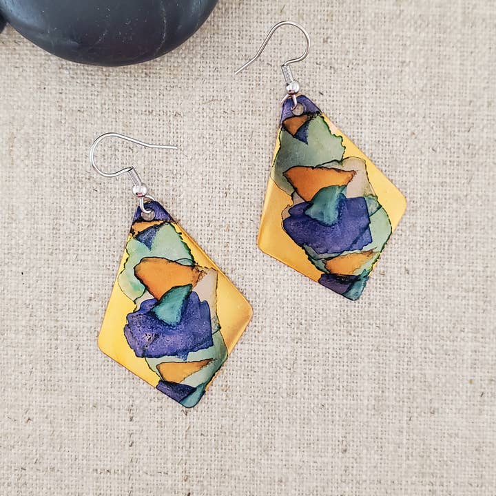 Covaly Artisan Jewelry - Wholesale Dangle Earrings - Alcohol Ink Copper & Stainless Steel Kite Earrings
