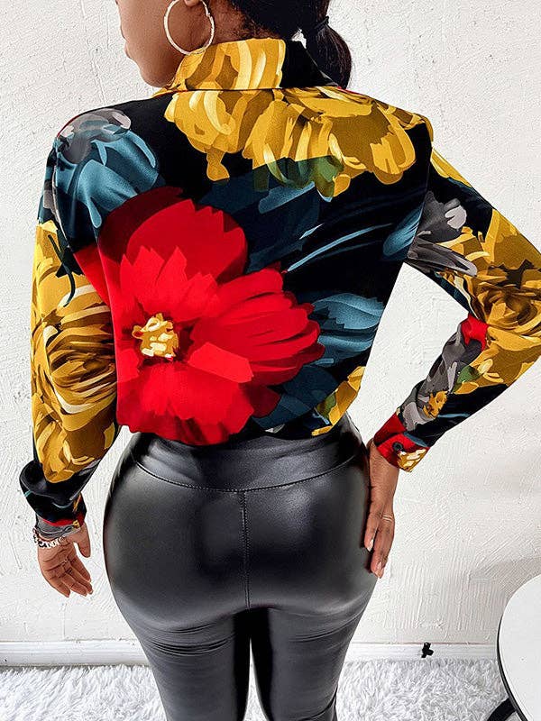 RED Trendy Tops Long Sleeves Loose Printed Lapel Collar Blouses&Shirts Tops for wholesale on Faire