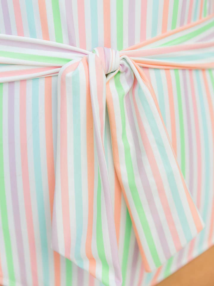 Multi Color Women's Pale Rainbow Stripe Tie Waist V-Neck One Piece Swimsuit
for wholesale on Faire
