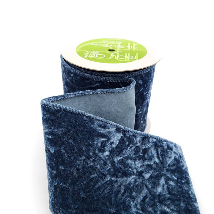 May Arts Ribbon - Venta al por mayor Cintas - Envoltorio de regalos - Cinta de terciopelo arrugado azul pizarra de 4 pulgadas (con cable)