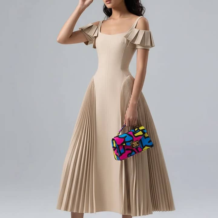 khaki Camisole Backless Party Dress with Pleated and Patchwork Details For Women, SoHo, BYMANYC New York. for wholesale on Faire1
