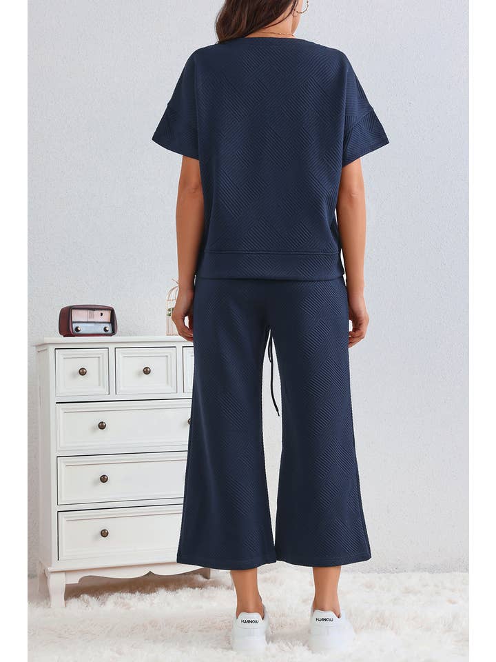 LA Society - Wholesale Lounge Set - Women's - Textured Loose Fit T Shirt and Drawstring Pants Set (S-2XL)