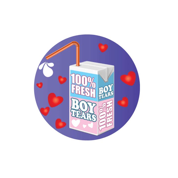 100% Fresh Boy Tears Juice Box 1.25" Round Button for wholesale by Kalan