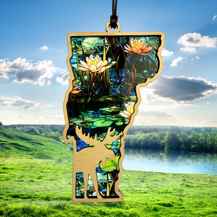 Vermont Moose Pond Suncatcher – 5” Handcrafted Window Decor for wholesale by Maple and Holly