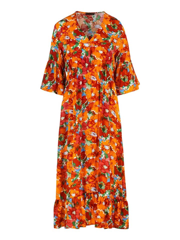 Robe mi-longue fleurie à volants pour la vente par conquista