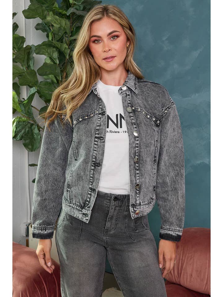 Acid Wash Faded Black Western Stud Denim Jacket for wholesale on Faire