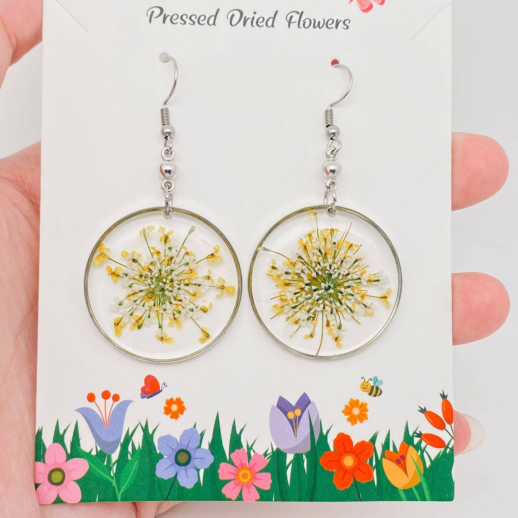 Mio Queena - Wholesale Dangle Earrings - Queen Anne's Lace Round Pendant Dried Flowers Earrings - PDF5