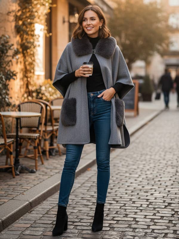 Kimono met zakken van imitatiebont voor wholesale door SAACHI