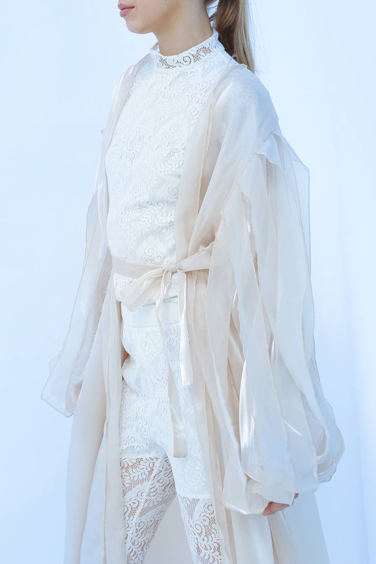 Beige Open Balloon Sleeve Detail Fine Organza Maxi Robe MC4402 for wholesale on Faire4