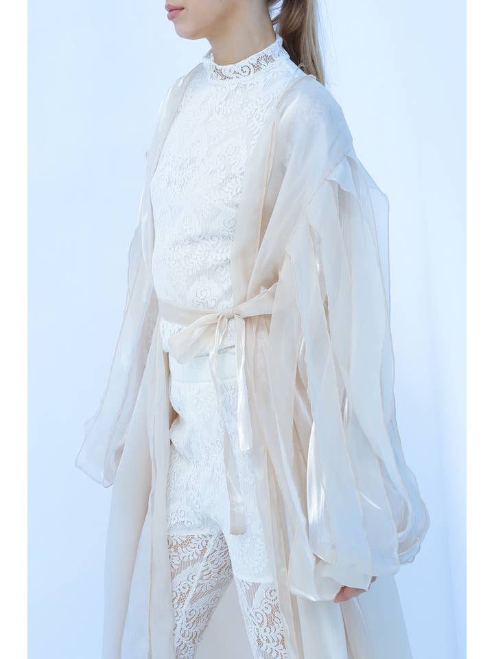 Beige Open Balloon Sleeve Detail Fine Organza Maxi Robe MC4402 for wholesale on Faire4