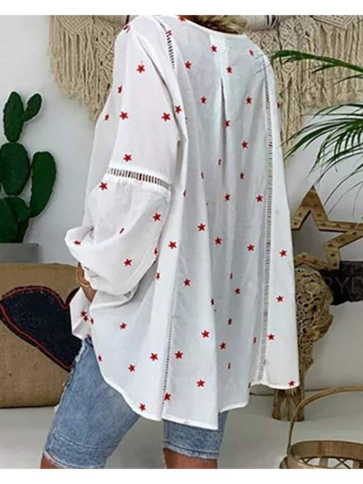 Queen Fashion – wholesale Blouse – Women’s – star print hollowout lantern sleeve top2