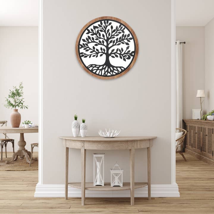 Black Wood Framed Metal Tree Of Life Wall Art for wholesale on Faire