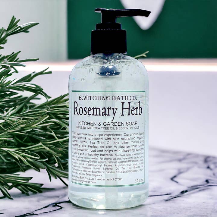 Rosemary Herb Kitchen & Garden Liquid Soap 8oz. for wholesale by B. Witching Bath Co.