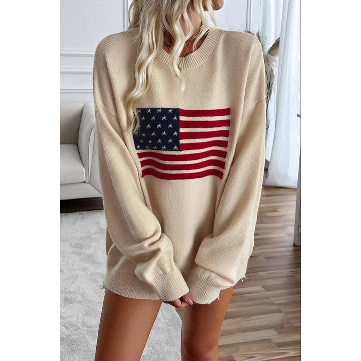 Olivetree Flourishing - Wholesale Knit Sweater - Women's - Knit Round Neck Flag Print Loose Fit Sweater 2T1959M