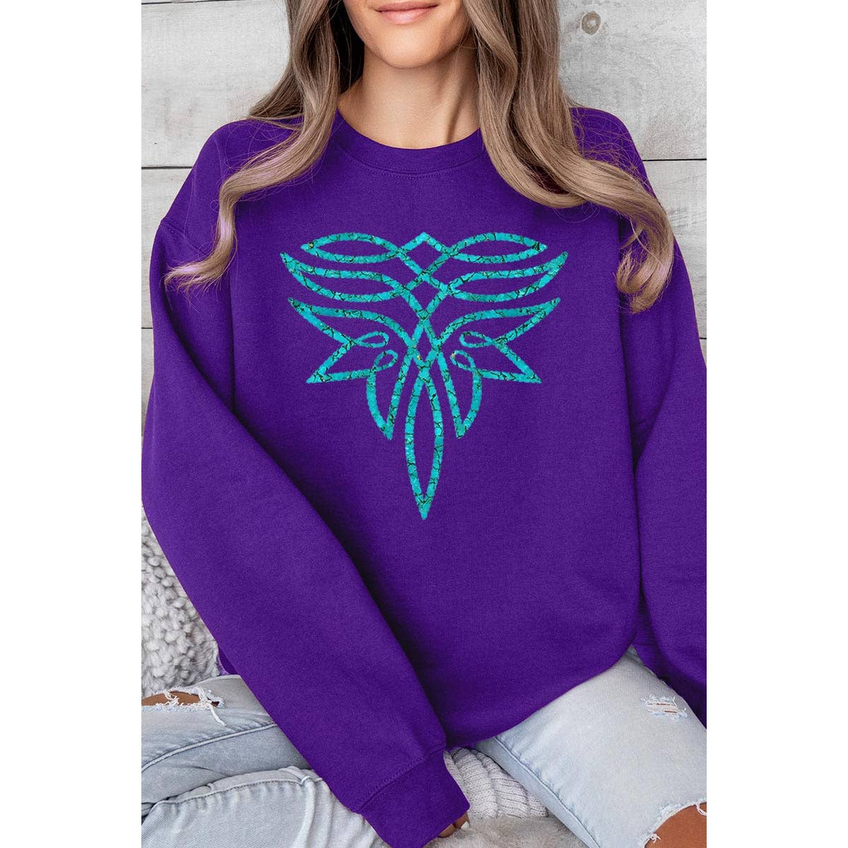 COLORBEAR – Engroshandel Grafisk Sweatshirt - Dame – Turkis Boot Stitch Graphic Fleece Sweatshirts5