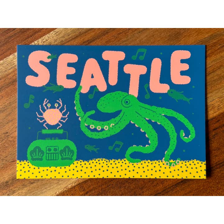 Wug Prints - Wholesale Postcard - Seattle Boombox Octopus Crab and Fish Postcard