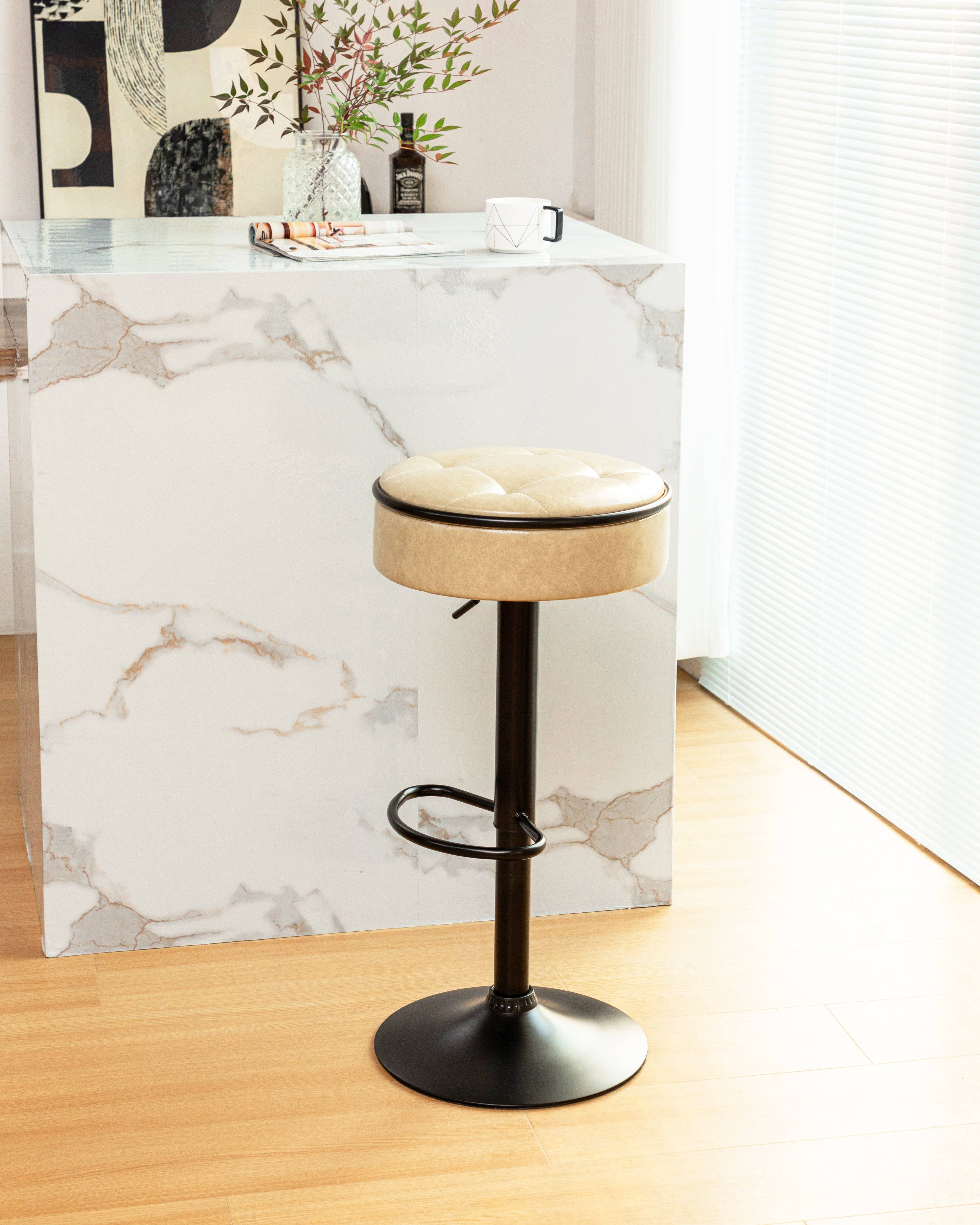 Orange County Decor - Wholesale Stool - Round Storage Bar Stool Set Of 2, Khaki Faux Leather Height Adjustable Barstool, 360 Counter Height Swivel Stool, Armless Bar Chair With Metal Frame For Kitchen Counter Dining Living Room Khaki Set19