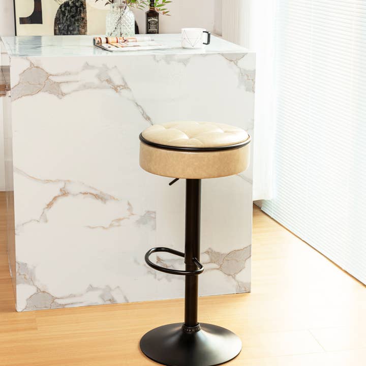 Orange County Decor - Wholesale Stool - Round Storage Bar Stool Set Of 2, Khaki Faux Leather Height Adjustable Barstool, 360 Counter Height Swivel Stool, Armless Bar Chair With Metal Frame For Kitchen Counter Dining Living Room Khaki Set19