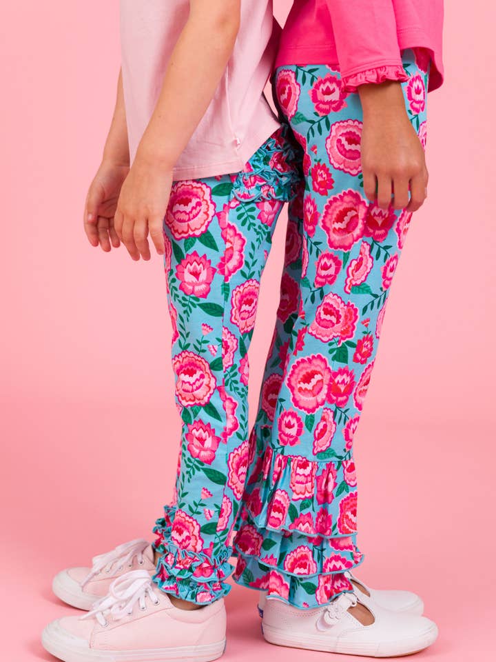 Azul Leggings Clássicas com Folhos Traseiros Assinatura para Meninas Pequenas com Flores Brilhantes para venda a revendedores na Faire4