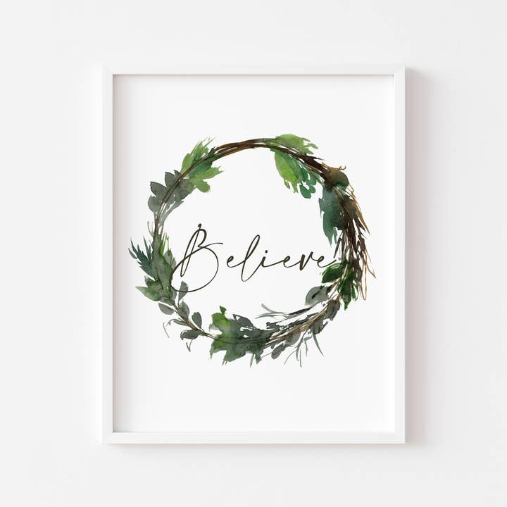 Holiday Believe Festive Wreath Winter Art Print for wholesale by LaCott Fine Art