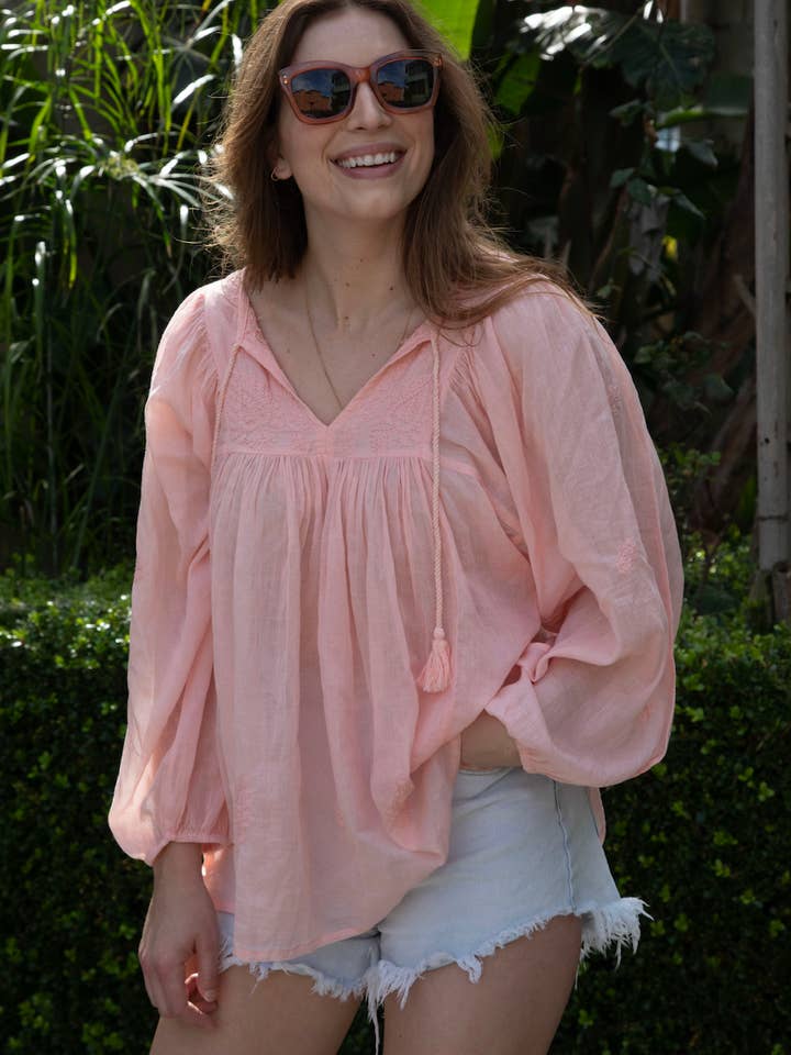 Blue Boheme - Wholesale Blouse - Women's - Mylene Embroidered Tunic Long Sleeves Peach