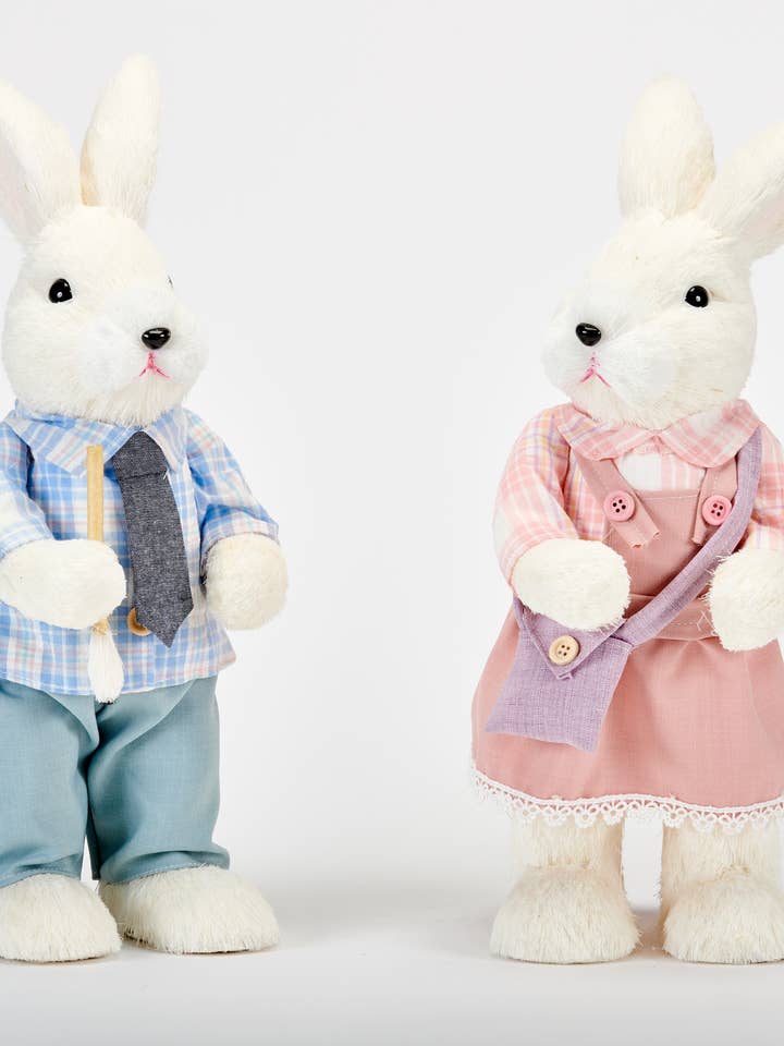 14" Boy & Girl White Sisal Standing Dressed Easter Bunny for wholesale by WORTH IMPORTS