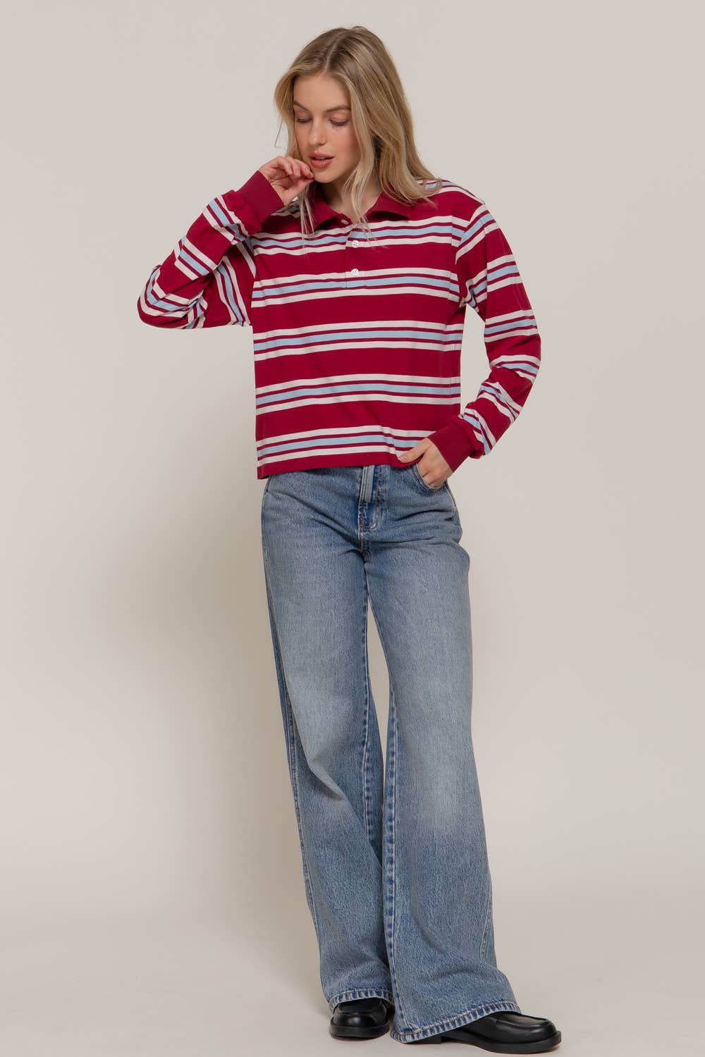 Active Basic | Active USA - Wholesale Polo - Women's - Long Sleeve Multi Stripe Polo Top3