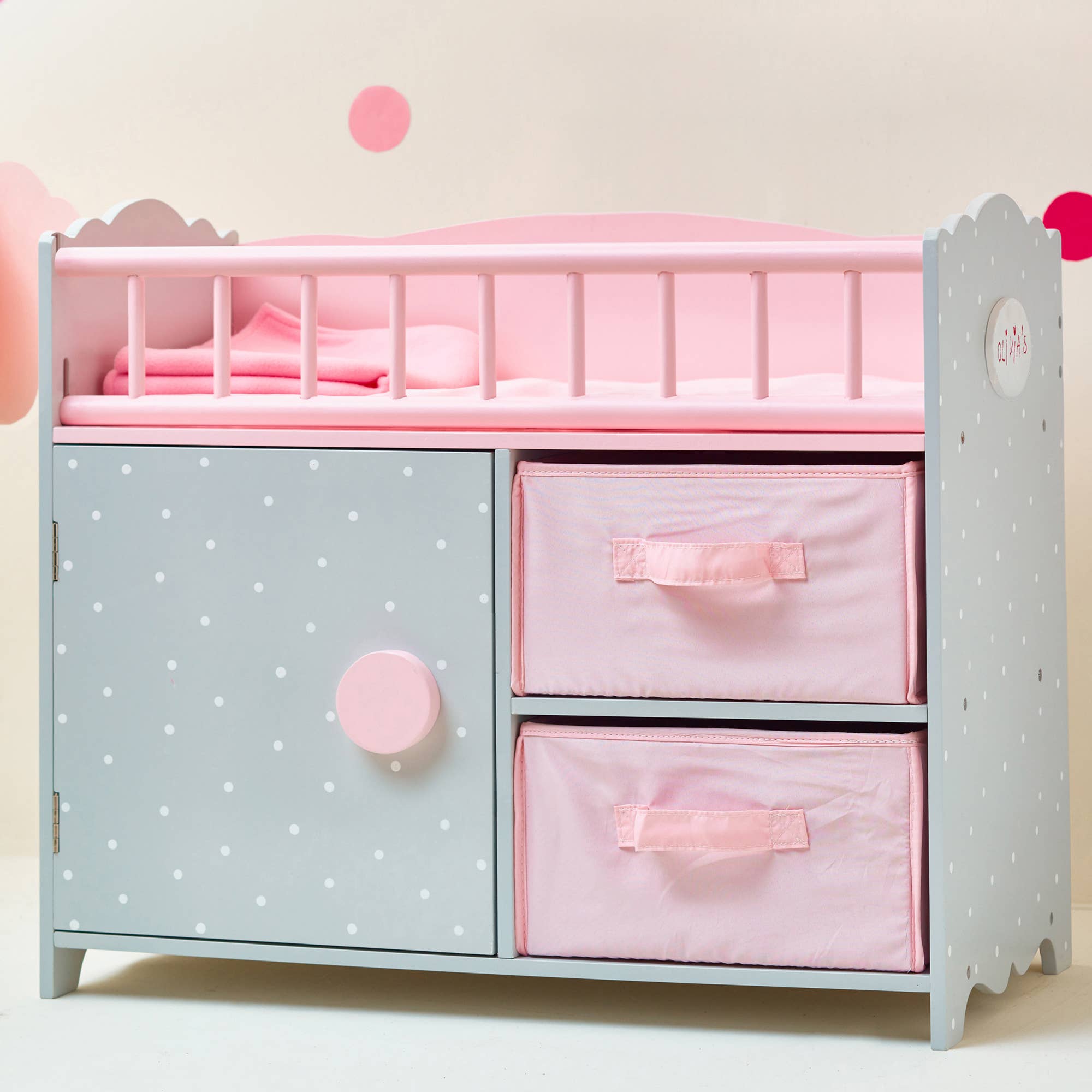 Pink Grey Polka Dots Princess Baby Doll Crib with Cabinet and Cubby for wholesale on Faire1