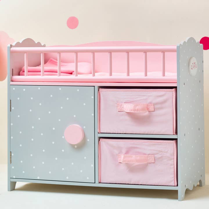 Pink Grey Polka Dots Princess Baby Doll Crib with Cabinet and Cubby for wholesale on Faire1