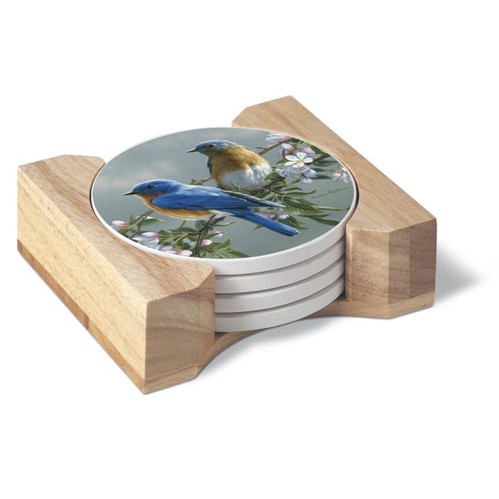 Bluebirds Round Stone Coasters w/Wooden Coaster Holder for wholesale by Conimar Promotions