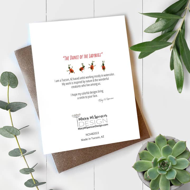 Mary M Spencer Design - Wholesale Congratulations Card - Dancing Ladybugs & Mushroom "Celebrate" Blank Note Card