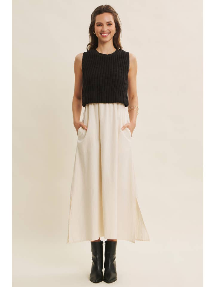 in february - Wholesale Dress - Women's - CHUNKY SWEATER TWOFER MIDI DRESS WITH POCKETS AND LINING