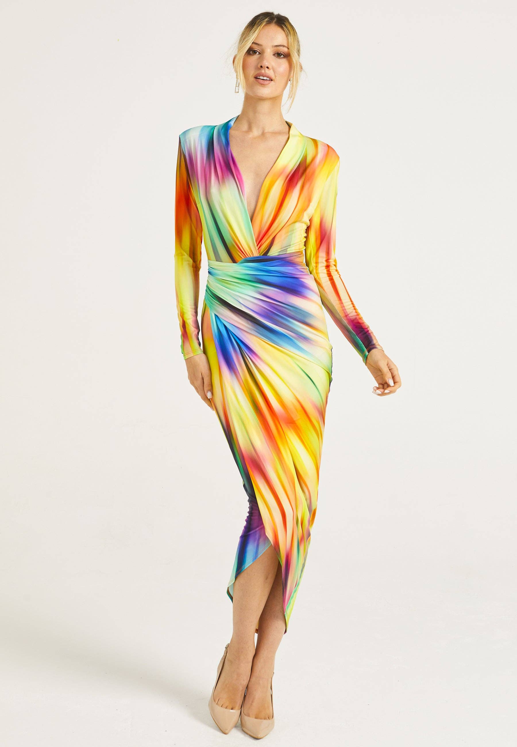 ANGELEYE - Wholesale Dress - Women's - Plunge Neck Faux Wrap Print Midi Dress in Rainbow4