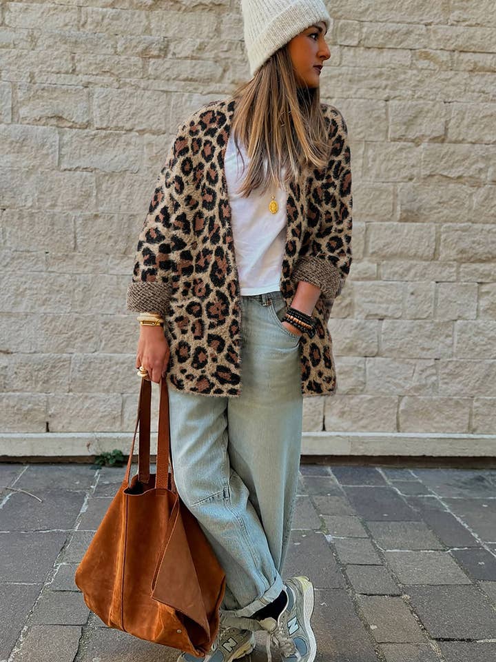 Brown Leopard Open Casual Cardigan for wholesale on Faire2