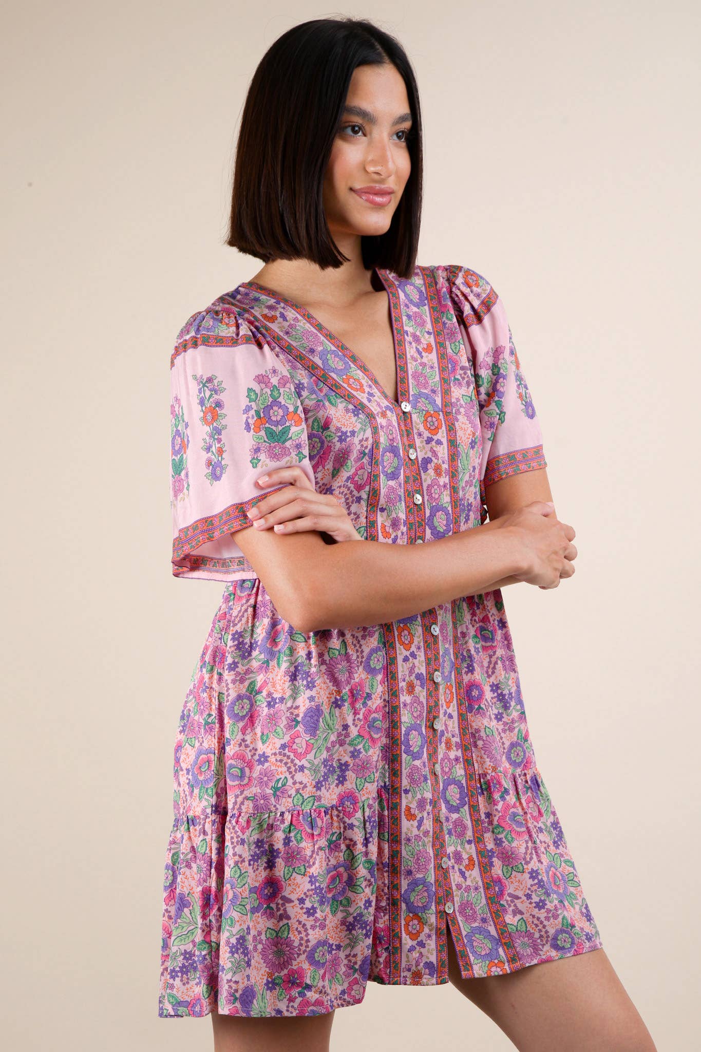 VERY J - Wholesale Dress - Women's - ND31637-Shirring Detail Printed Woven Mini Dress6