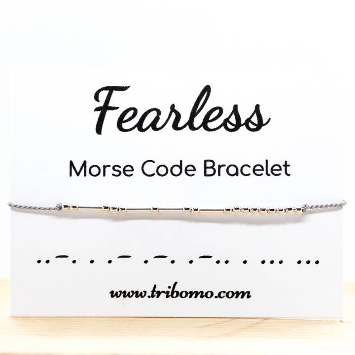 Sterling Silver and Silk Cord Morse Code Bracelet FEARLESS for wholesale by Tribomo